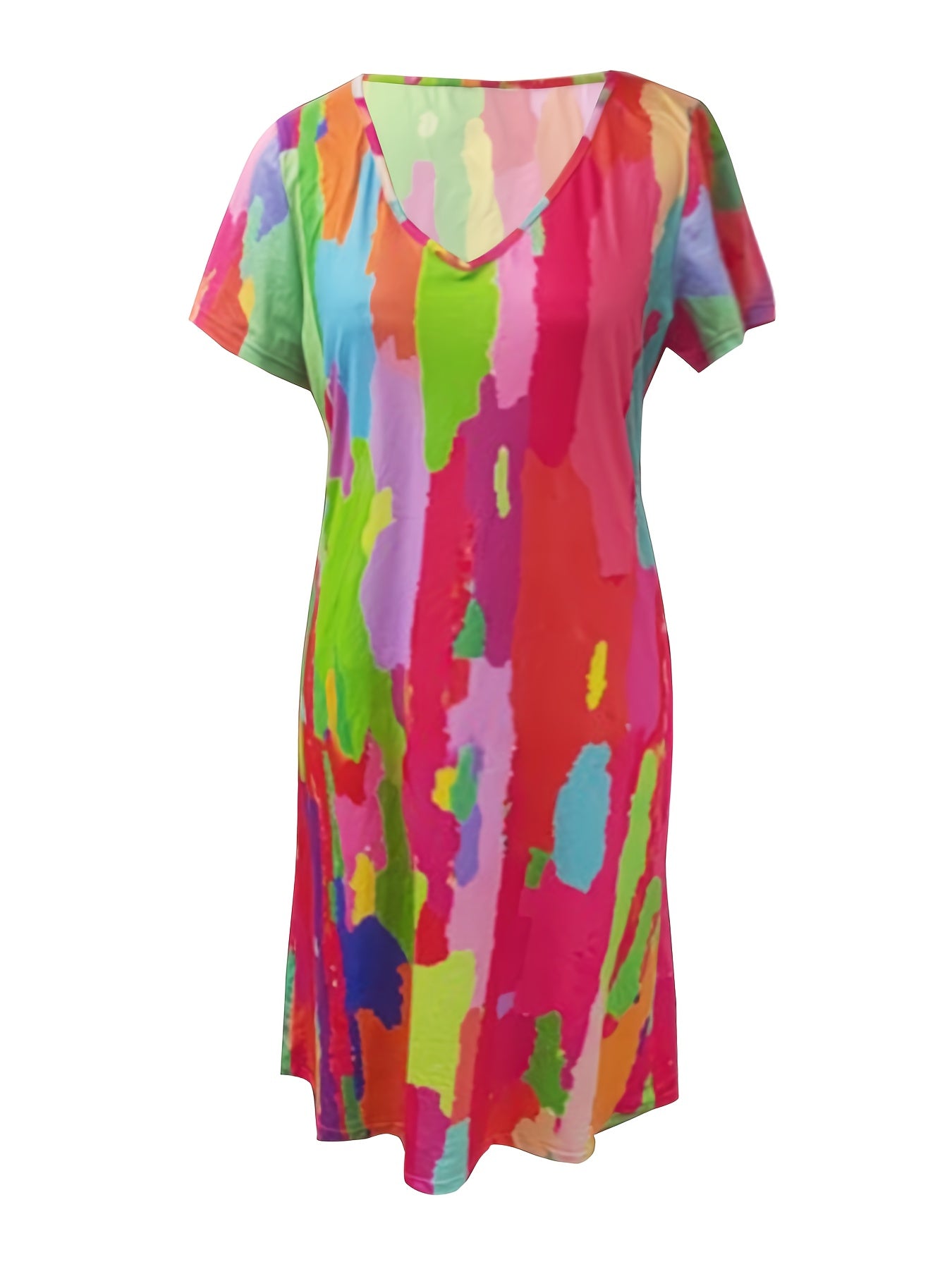 Splash Ink Print Dress V Neck Short Sleeve Casual Dress