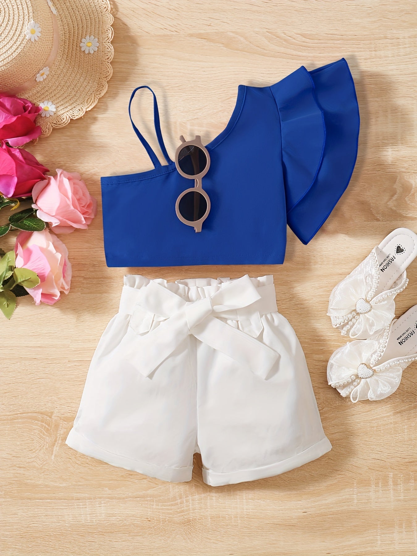 Girls Ruffled One Shoulder Top & Shorts Set for Holiday Party