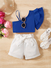 Girls Ruffled One Shoulder Top & Shorts Set for Holiday Party