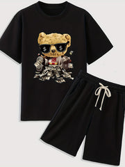 Boys Cartoon Cash Bear Pattern 2pcs T shirt & Drawstring Shorts Set