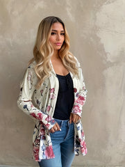 Floral Print Open Front Cardigan Long Sleeve Knit Outwear For Spring & Fall