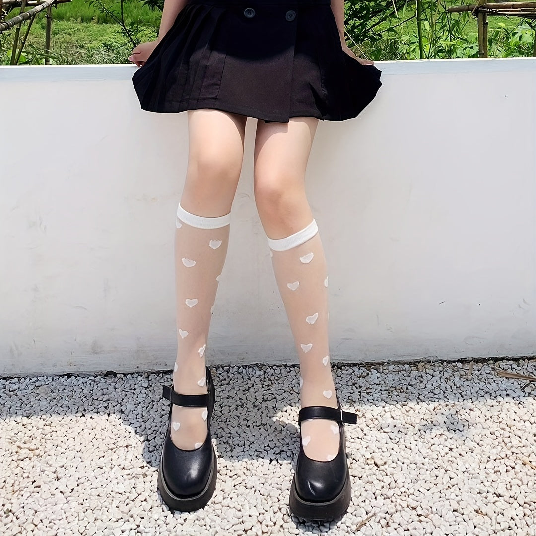 Heart Print Mesh Calf Socks Knee High Stockings Sweet & All match