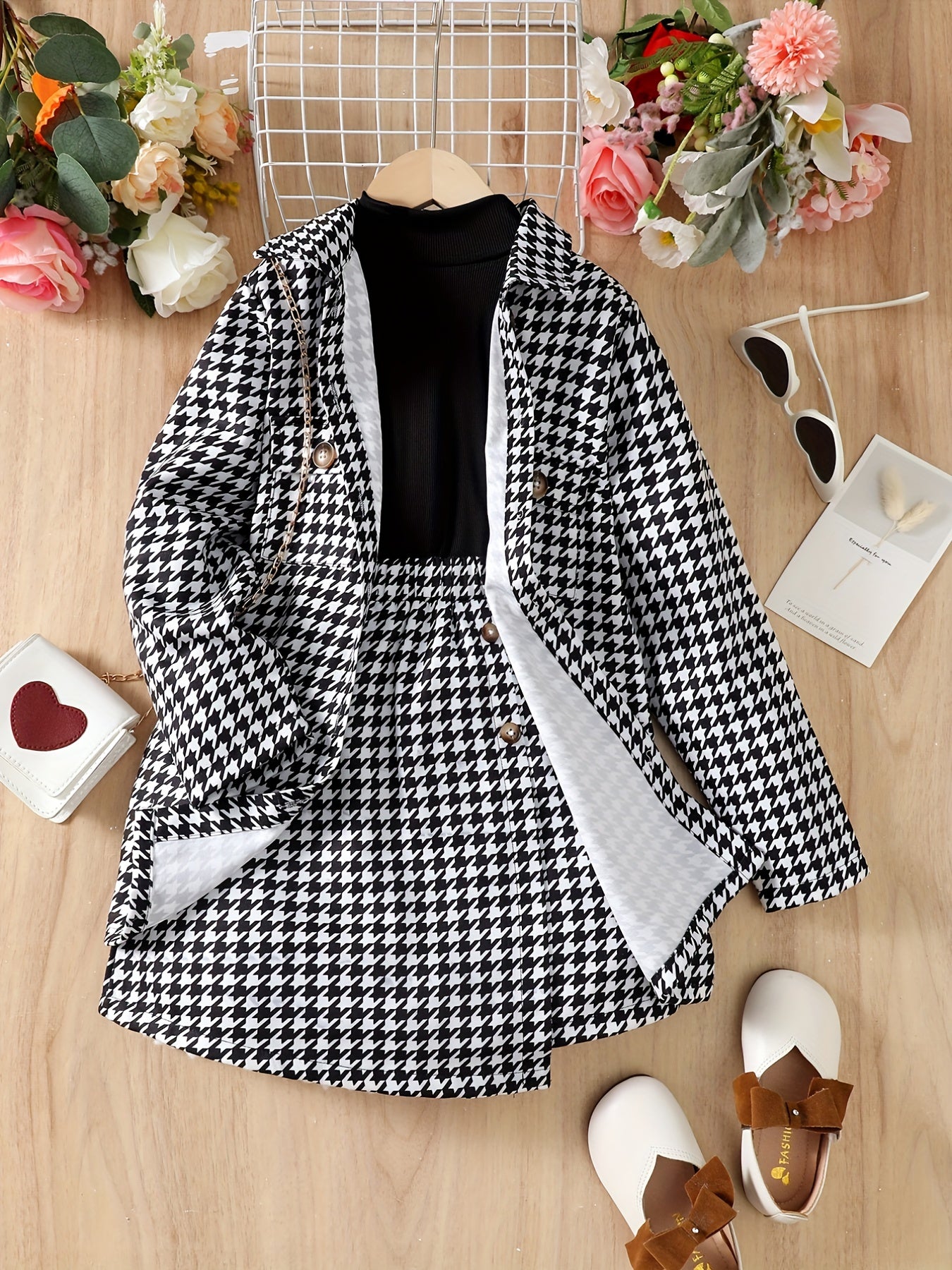 Girls' 3pcs Coat & Turtleneck Top & Skirts Set Houndstooth Print