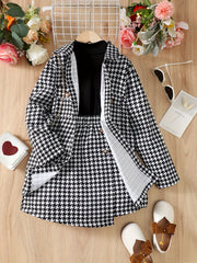 Girls' 3pcs Coat & Turtleneck Top & Skirts Set Houndstooth Print