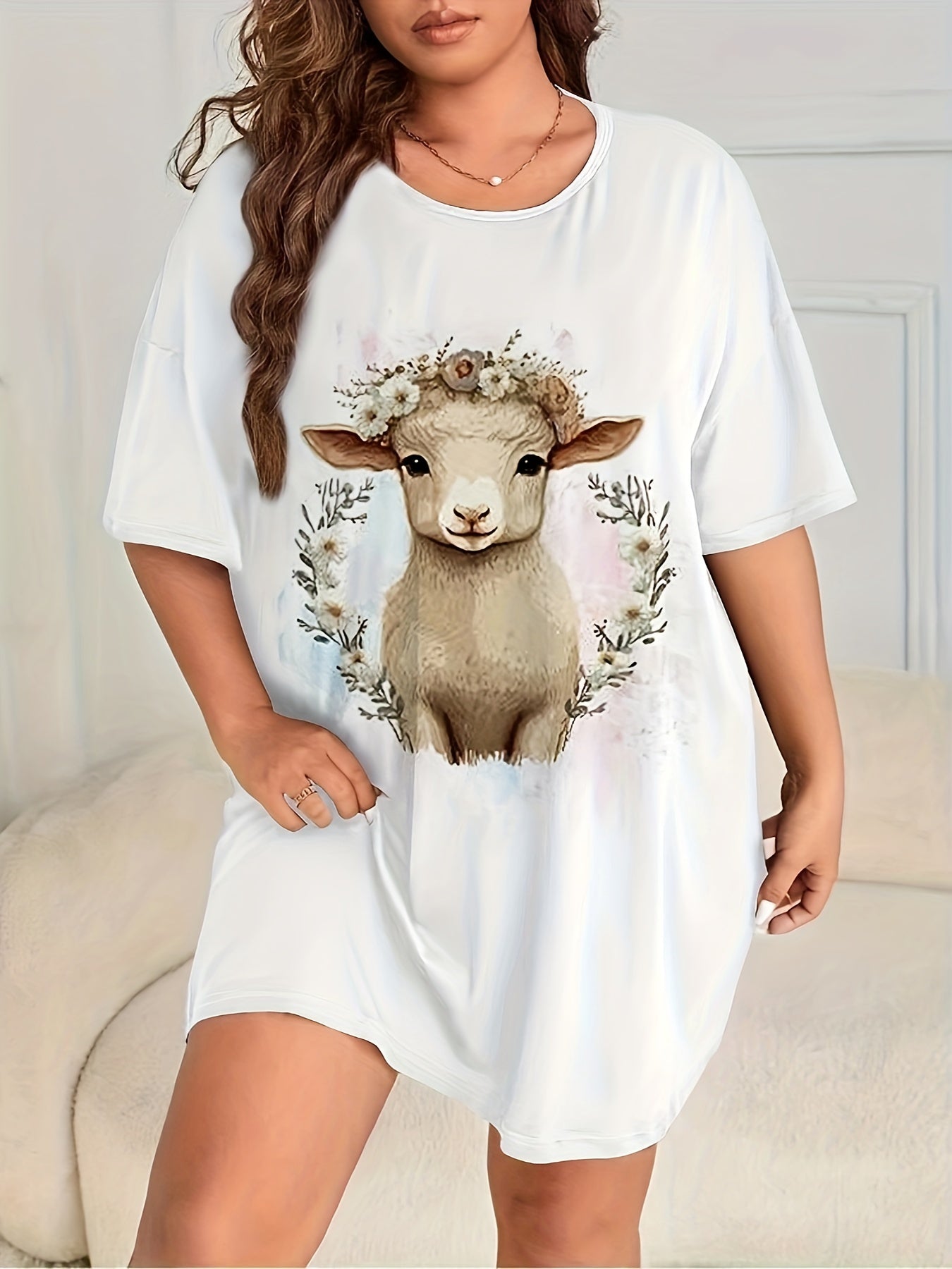 Loungewear Dress Women's Plus Wreath & Sheep Print
