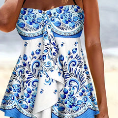 Floral Print Tankini Set Women's Draped Front Tube Top & Shorts