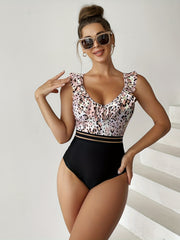 Leopard Print One Piece Swimsuit V Neck Ruffle Contrast Mesh Bathing Suit