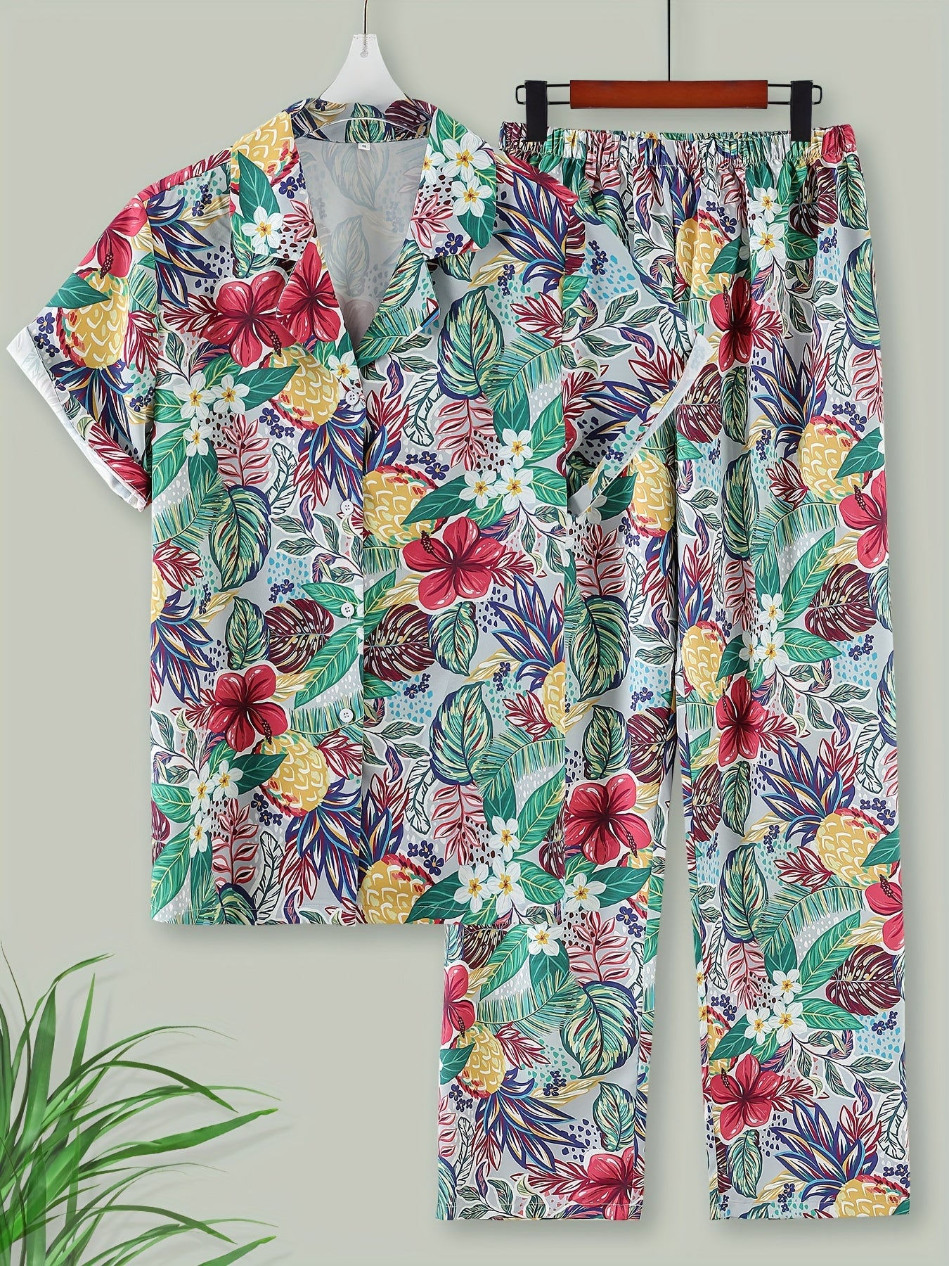 Floral Print Lounge Set Short Sleeve Buttons Top & Elastic Waistband Pants