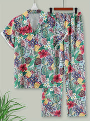 Floral Print Lounge Set Short Sleeve Buttons Top & Elastic Waistband Pants