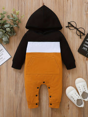 Classic Block Casual Jumpsuit Long Sleeve Hooded Romper