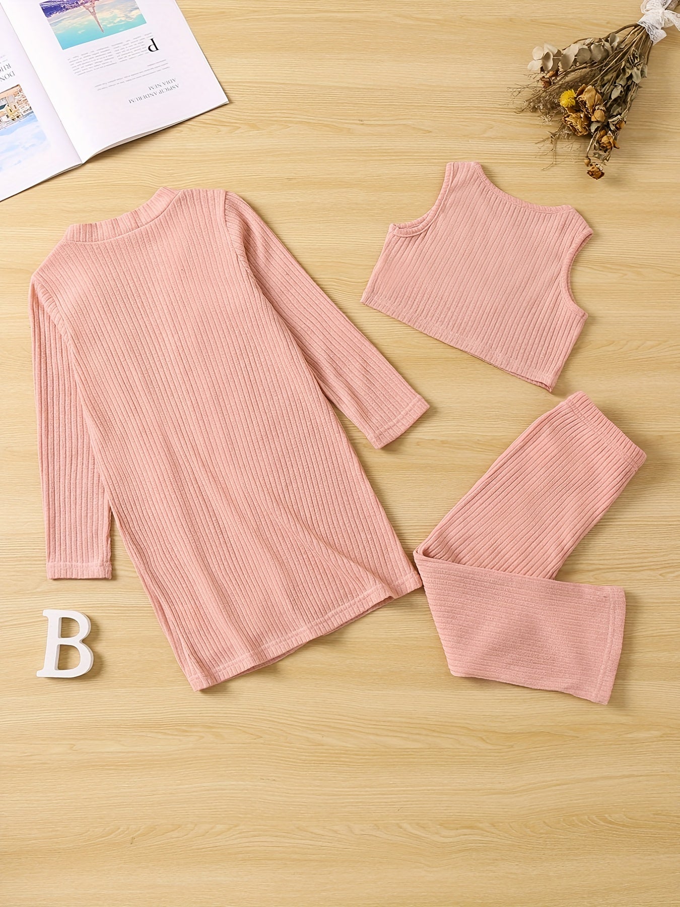 Girl's Cable Knit 2pcs Cardigan & Tank Top & Pants Set