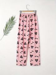 Heart Print Sleep Bottom Elastic Waistband Long Pants