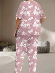 Floral Print Pajama Set Short Sleeve Tee & Pants 2 Piece