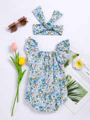 Baby Girls Square Neck Onesies with Floral Print Romper
