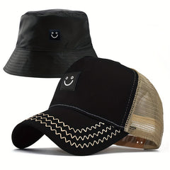 2pcs Smiling Face Patch Baseball Cap & Bucket Hat Set