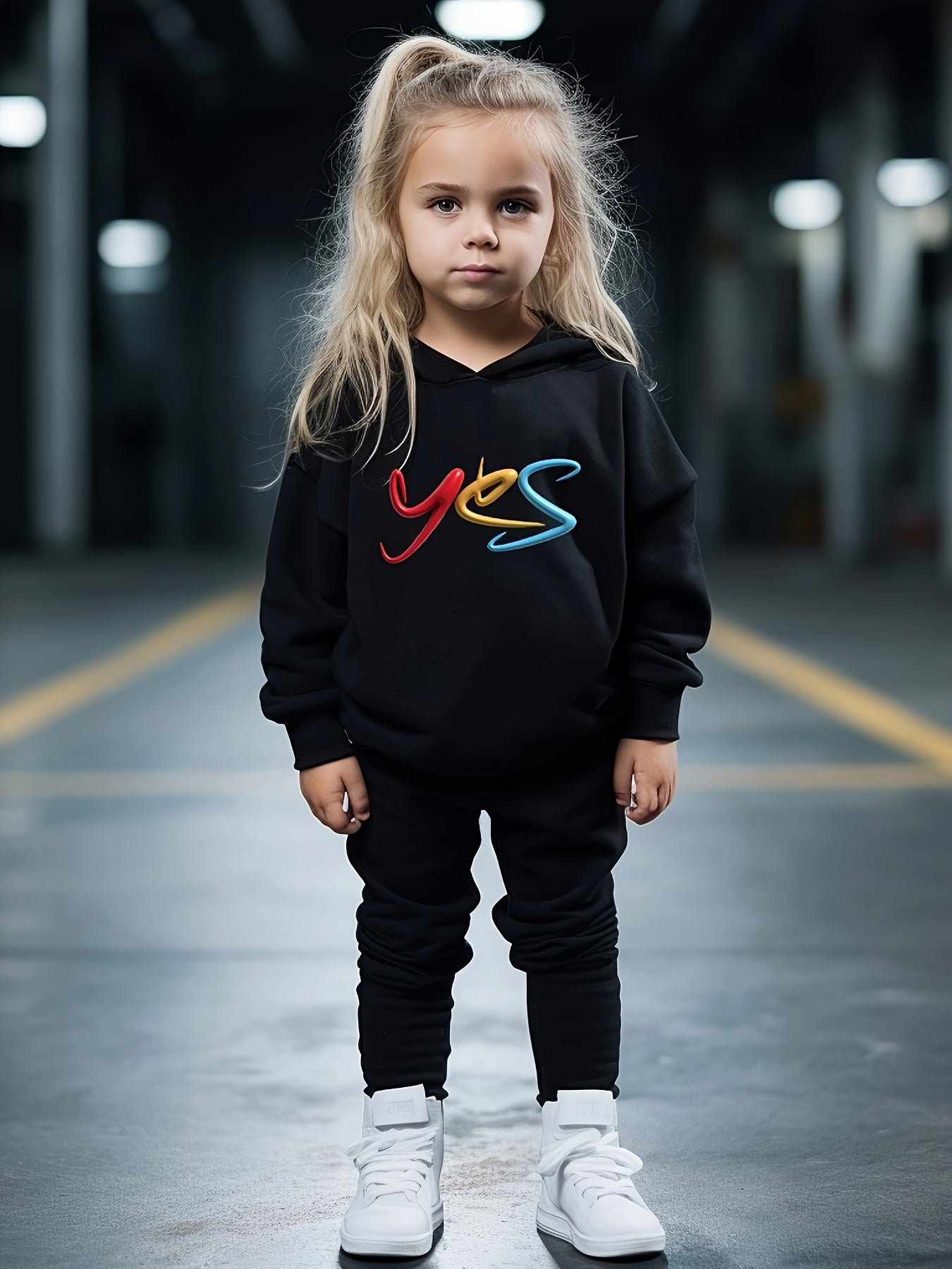 Girls Alphabets Pattern Hooded Sweatshirt Solid Sweatpants Set Kids Clothes