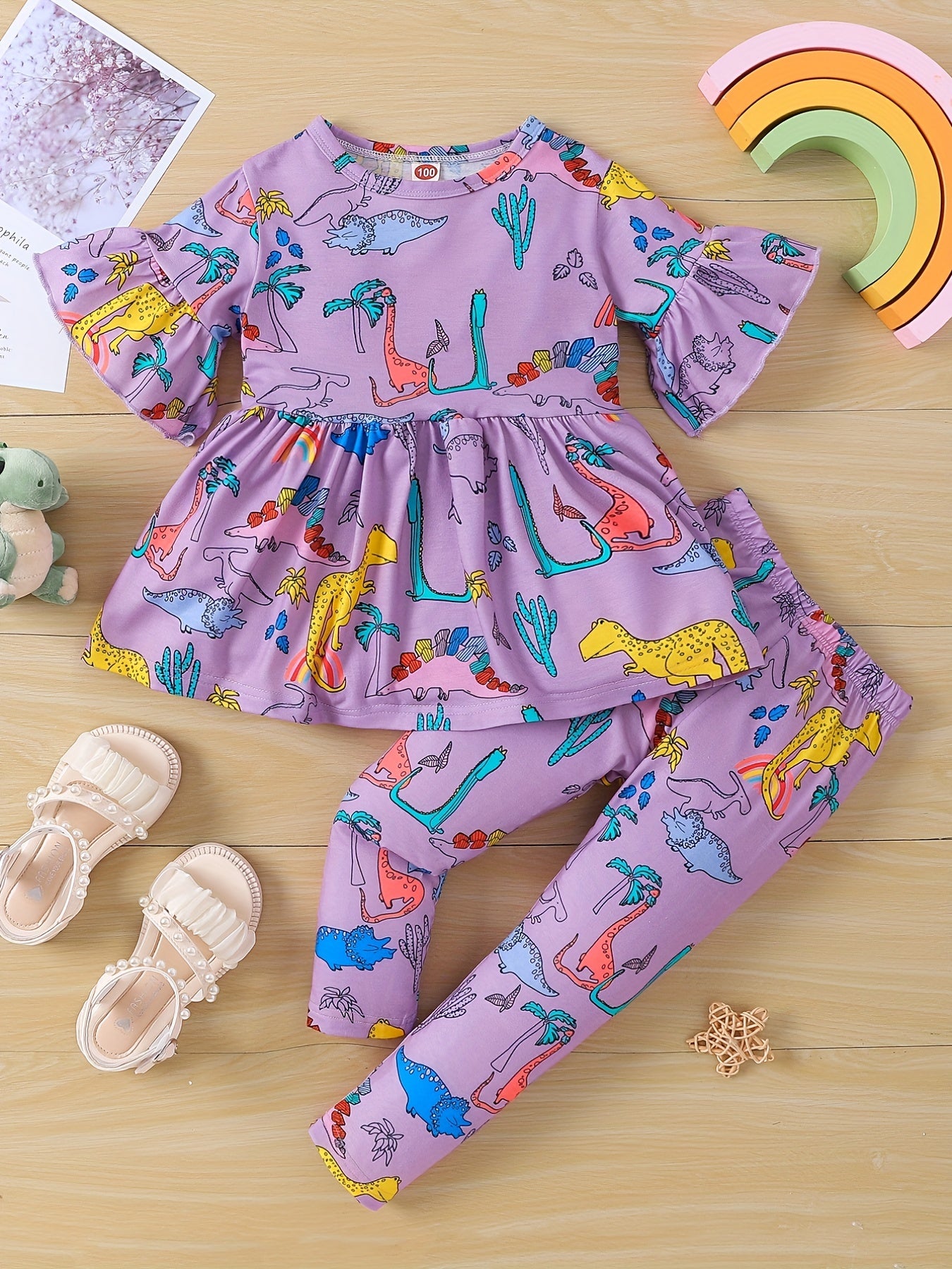 Girls Dino Print Top & Leggings Set for Autumn