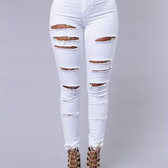 Ripped Holes Straight Jeans Distressed Denim Pants Women's Denim Clothing