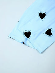 Heart Print Pajama Set Short Sleeve Top & Loose Pants Women's Loungewear