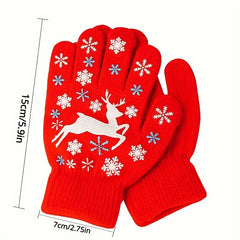 Kids Winter Elk Print Knitted Gloves, 3-6 Years