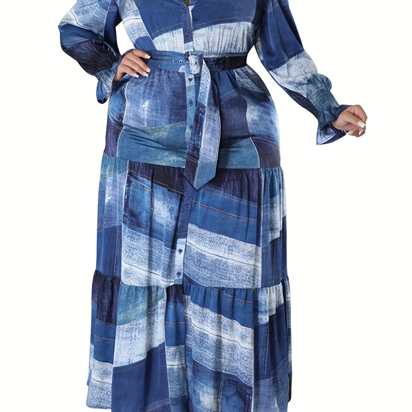 Patchwork Print Button Up Puff Sleeve Maxi Smock Dress