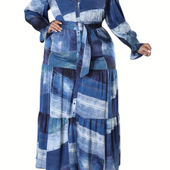 Patchwork Print Button Up Puff Sleeve Maxi Smock Dress