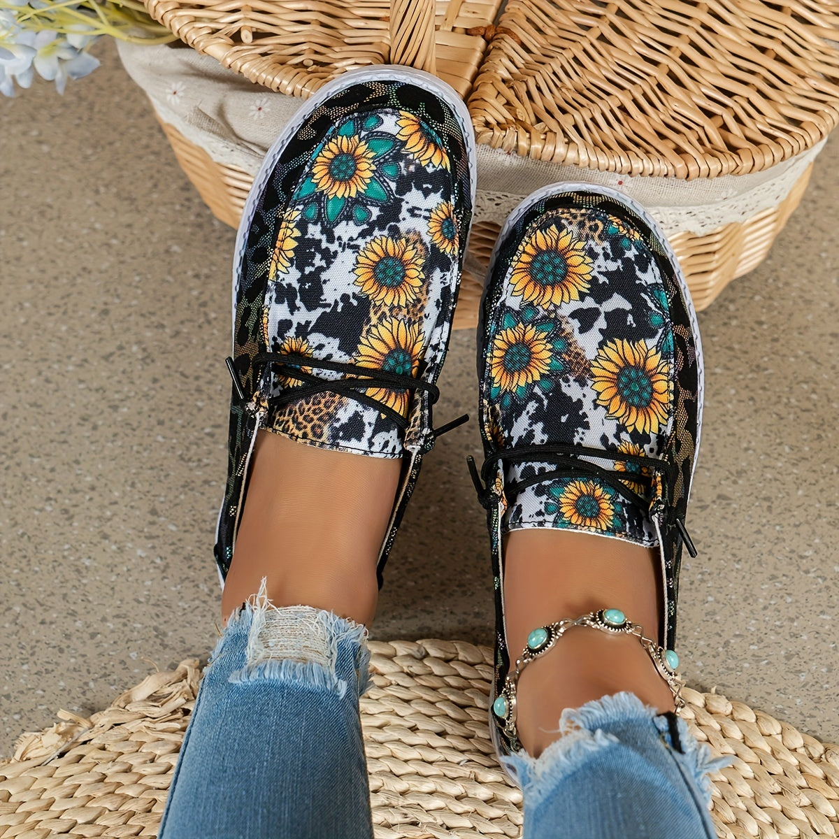 Leopard Print & Sunflower Patchwork Boat Shoes Lace Up Flat Casual Sneakers