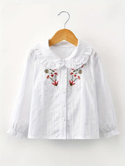 Girls Button Long Sleeve Embroidered Shirt Tops