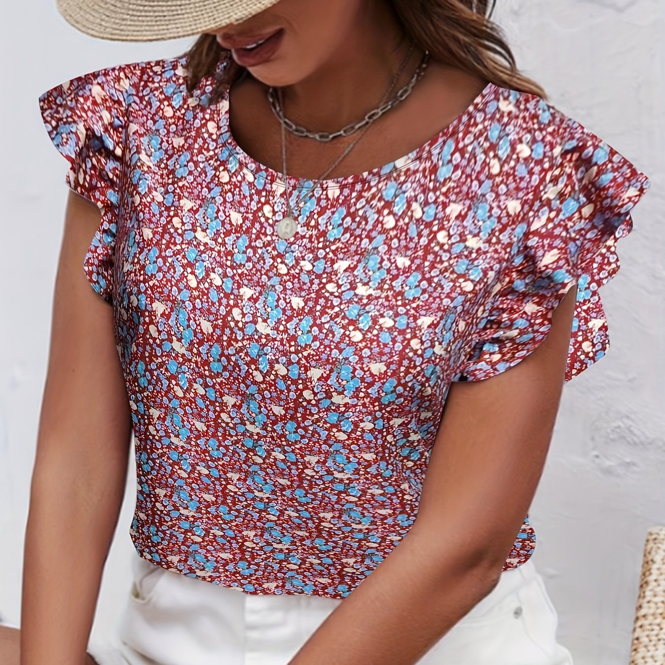 Ditsy Floral Print Ruffle Sleeve Blouse