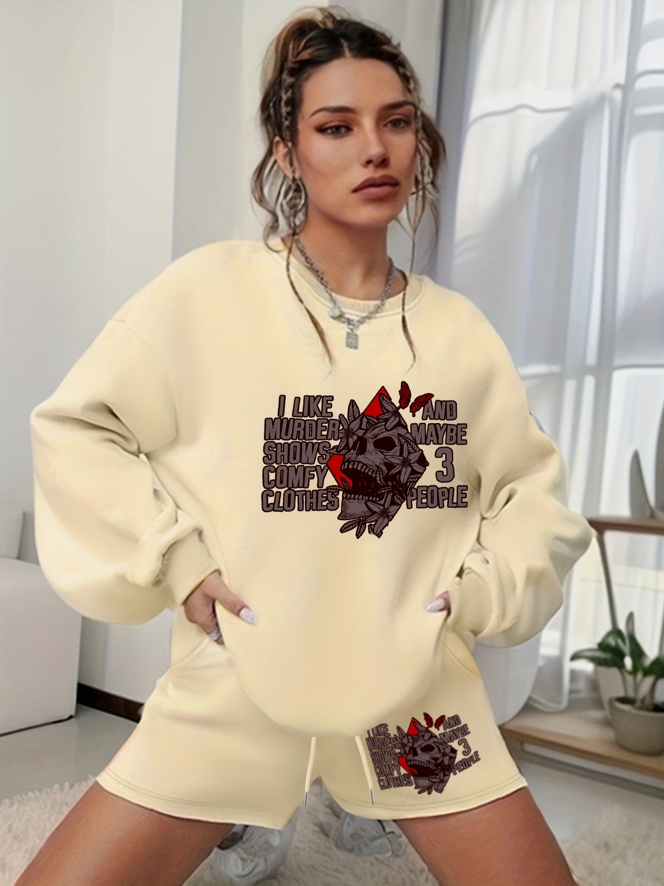 Women's Plus Halloween Graphic Sweatshirt & Shorts Set