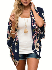 Floral Print V Neck Cover Up Puff Sleeve Kimono