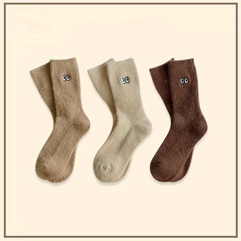 3 Pairs Cartoon Eyes Embroidery Socks Warm & Floor Socks Women's Stockings