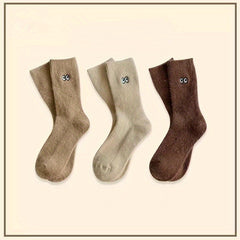 3 Pairs Cartoon Eyes Embroidery Socks Warm & Floor Socks Women's Stockings