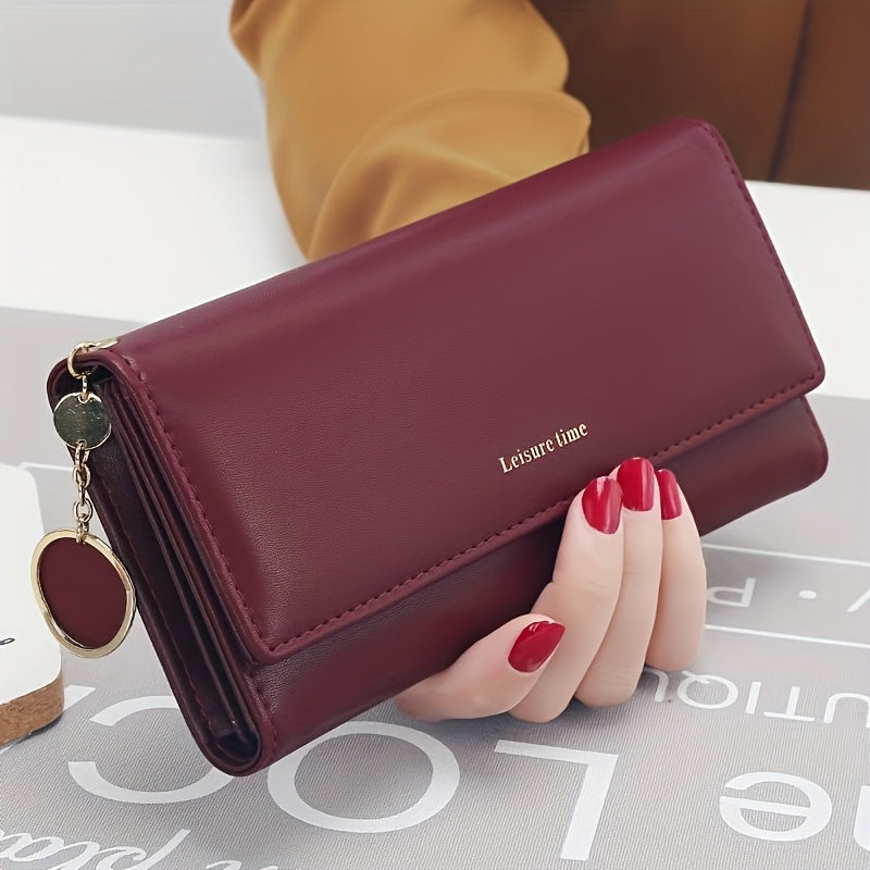 Maroon Long Wallet Women's Casual Synthetic Leather Tri Fold Zipper Closure