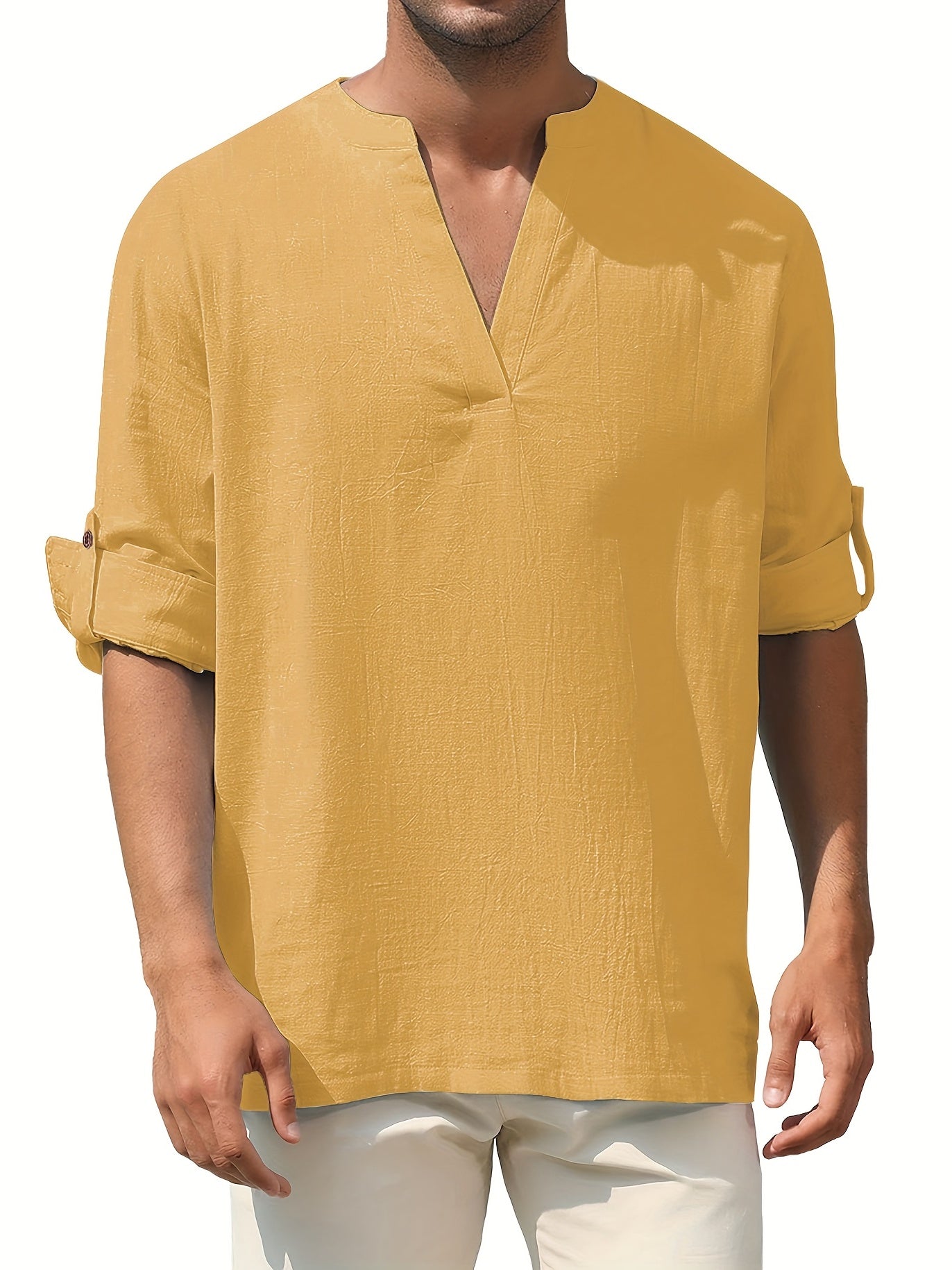 Men's Solid Long Sleeve V-Neck Shirt for Spring/Fall