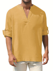 Men's Solid Long Sleeve V-Neck Shirt for Spring/Fall
