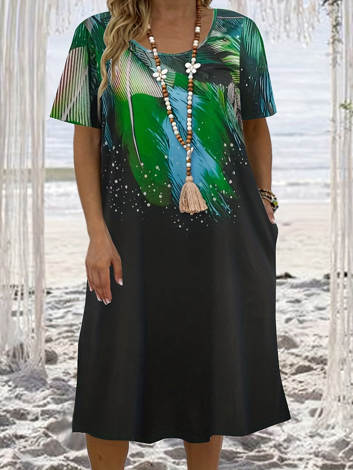 Leaf Print Short Sleeve Casual Dress With Pockets