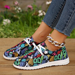 Women's Graffiti Print Flat Shoes Lace Up Casual Canvas Shoes