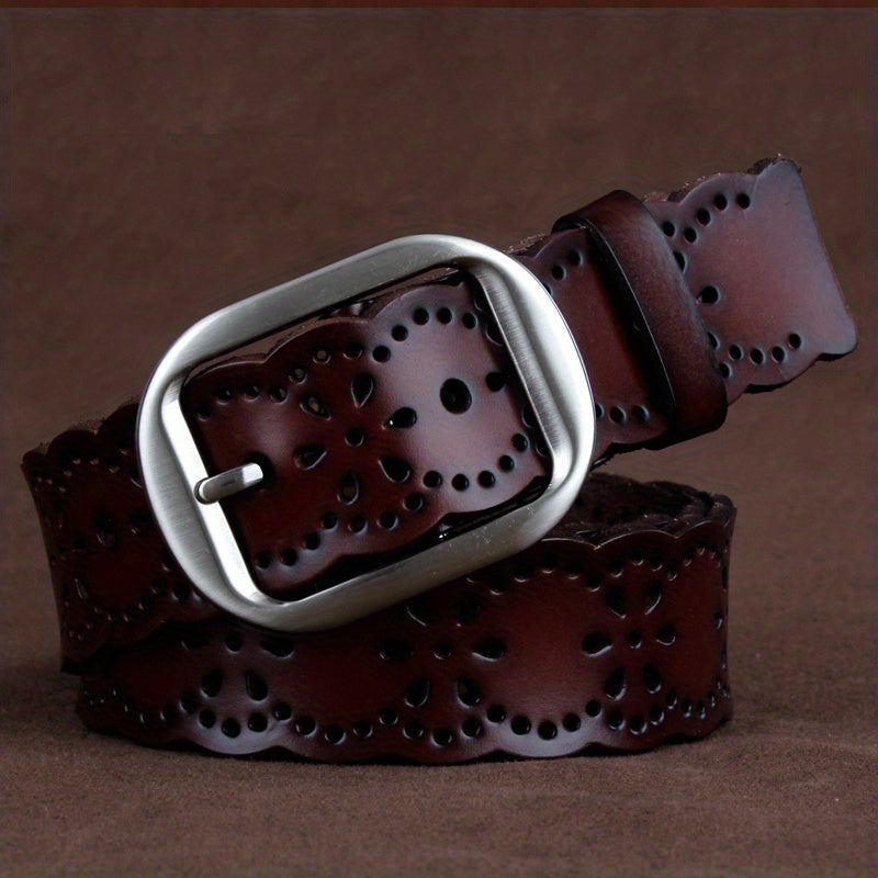 Vintage Leather Flower Belt Oval Buckle Waistband