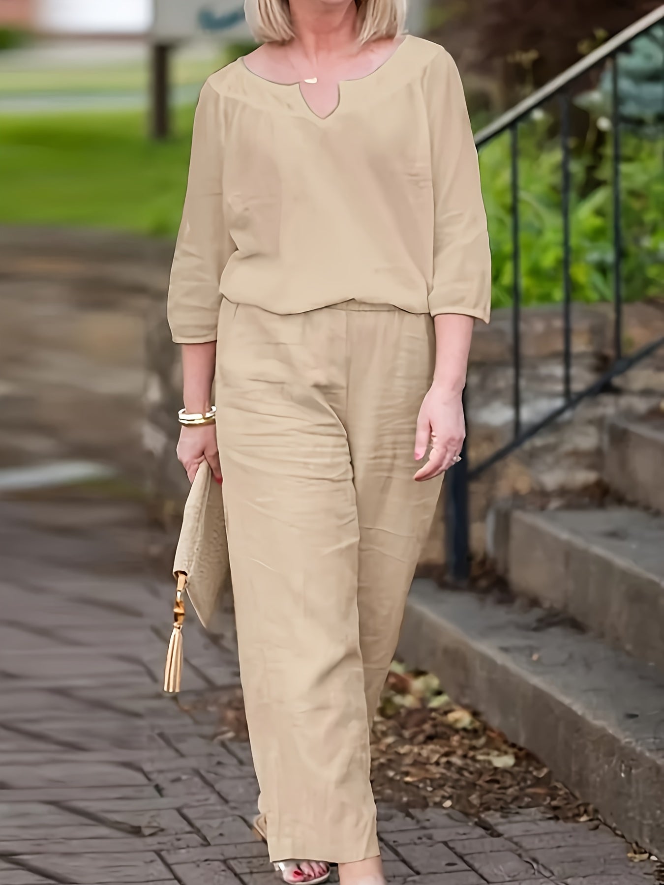 Long Sleeve Notched Neck Top & Wide Leg Pants Set