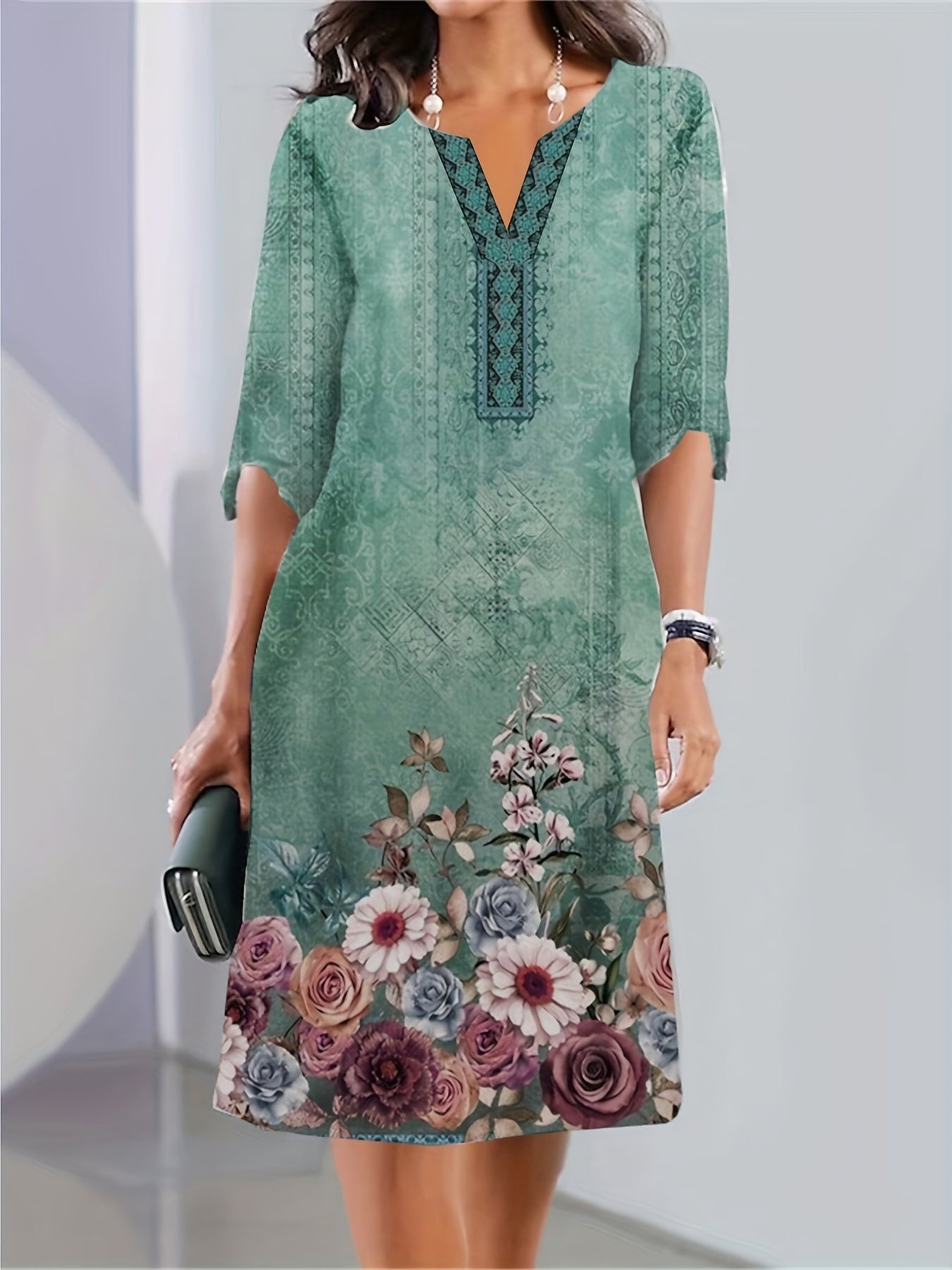Floral Print Half Sleeve Notched Neck Dress