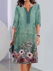 Floral Print Half Sleeve Notched Neck Dress