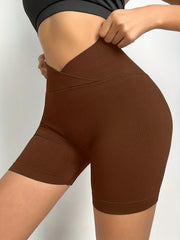 Women's High Waisted Cross Waist Ribbed Sports Yoga Shorts