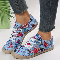 Women's Flower Pattern Canvas Lace Up Flat Sneakers