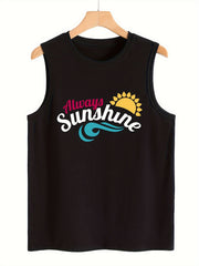 Sun & Letter Pattern Sports Vest Round Neck Sleeveless Top