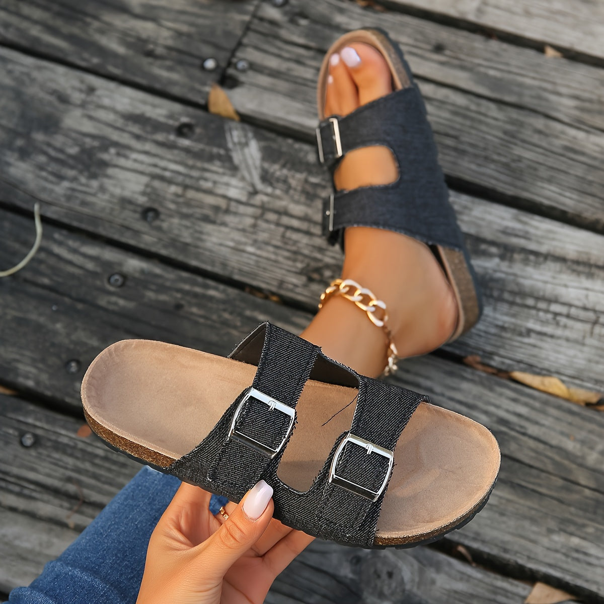 Women's Cork Footbed Sandals Comfortable Slip-on Slippers