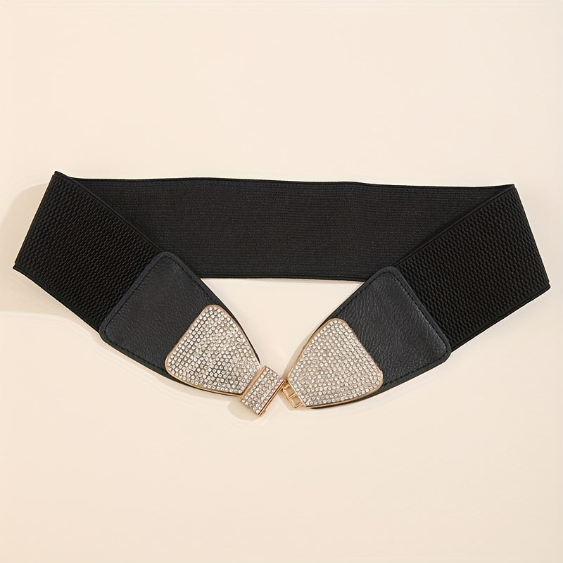 Rhinestone Bow Buckle Belt Wide PU Elastic Waistband