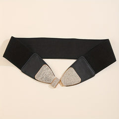 Rhinestone Bow Buckle Belt Wide PU Elastic Waistband