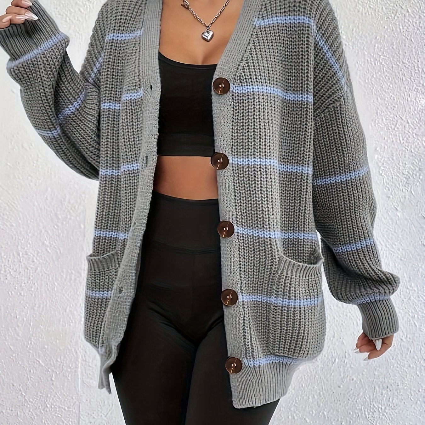Stripe Print Button Up Long Sleeve Open Front Cardigan