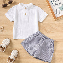 2pcs Baby Boys Casual Tops & Striped Shorts Set